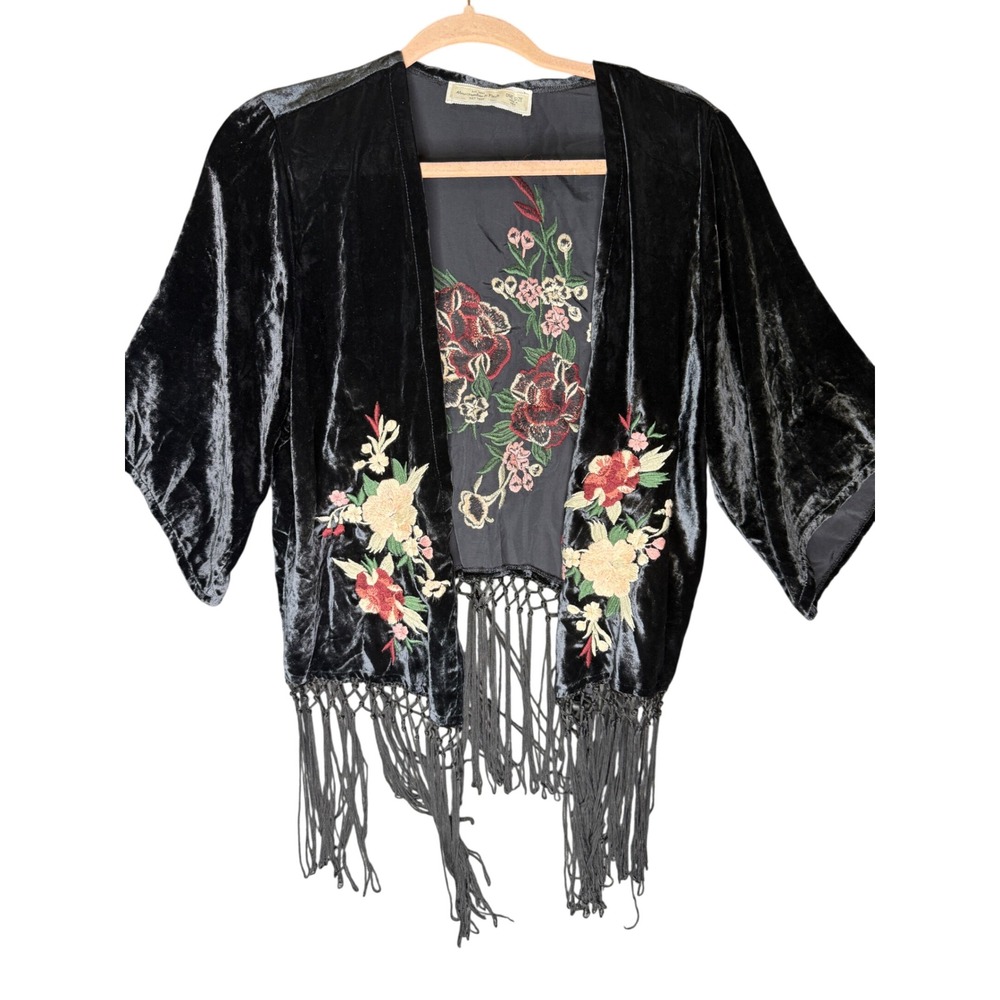 Abercrombie & Fitch Black Velvet Embroidered Fringe Kimono Cardigan One Size